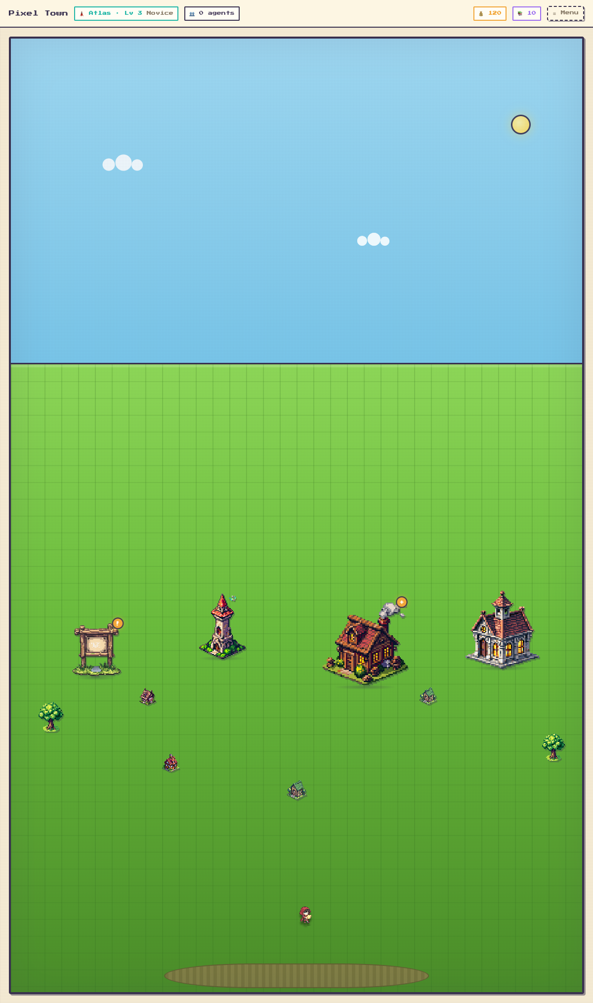 A pixel-art Agent World town with AI helper characters and buildings